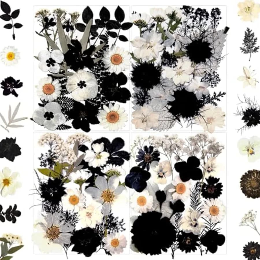 90 Pezzi di Fiori Secchi Neri Pressati per Stampi in Resina, Foglie Floreali Naturali Essiccate per Artigianato Fai-da-Te, Gioielli in Resina Epossidica, Candele