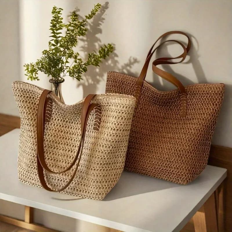 Fashionable and Versatile Women's Woven Bag with Zipper for Travel, Large Capacity Beach Bag, Handbag
