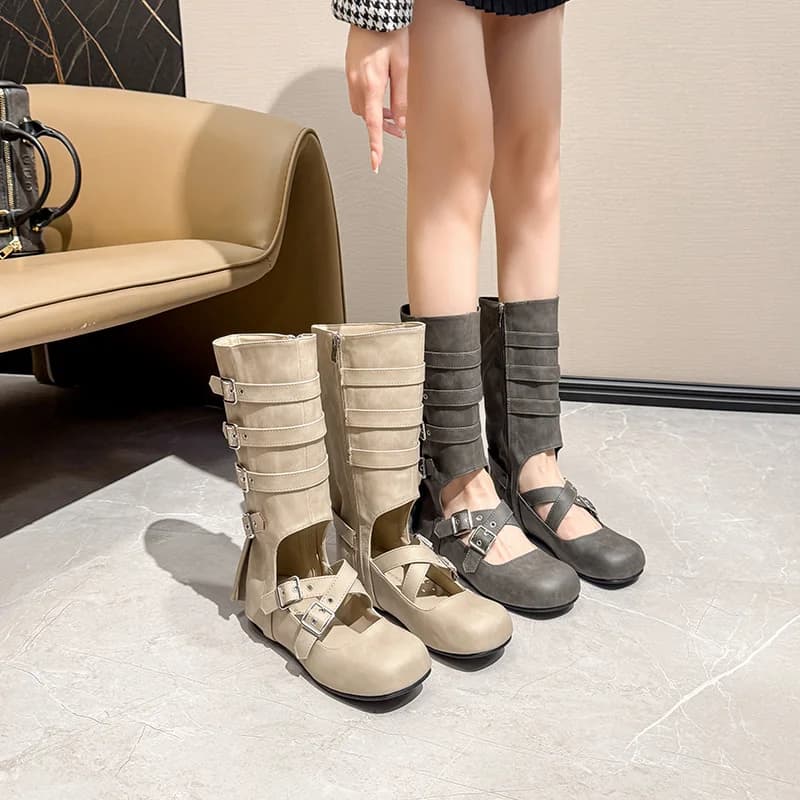 Punk Style round Toe Hollow out Summer New Fashion Sexy Long Boots Leather Travel Boots for Young Women Thin Flat Heel