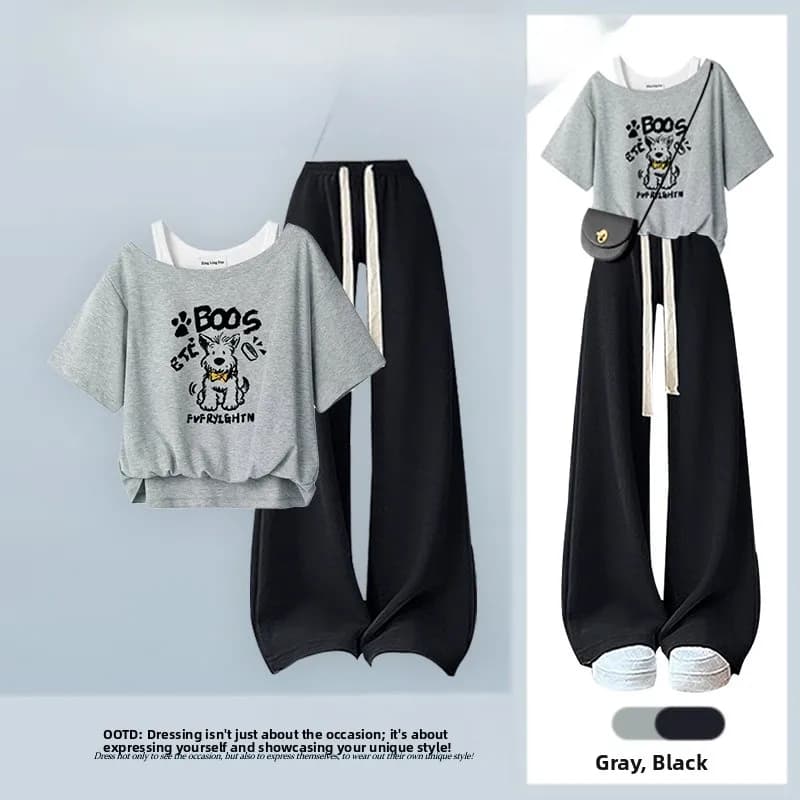 Completo da donna estivo nuovo: T-shirt a maniche corte con stampa cane coreano grigio e pantaloni a gamba larga a vita alta con coulisse - Set due pezzi alla moda