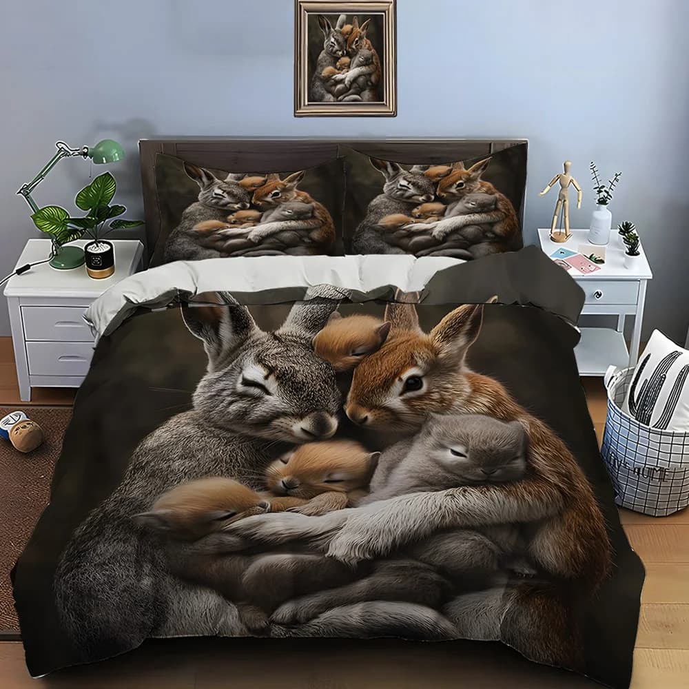 Set di biancheria da letto con stampa di una calda famiglia di conigli, morbido e confortevole, include 1 copripiumino e 2 federe, regalo di lusso.