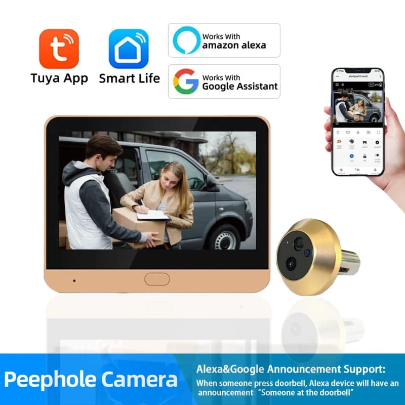 Tuya Smart Wireless 2.4G Wifi Low Power Digital Door Peepholes with Camera 1080P Door Viewer Works with Alexa Gold Color