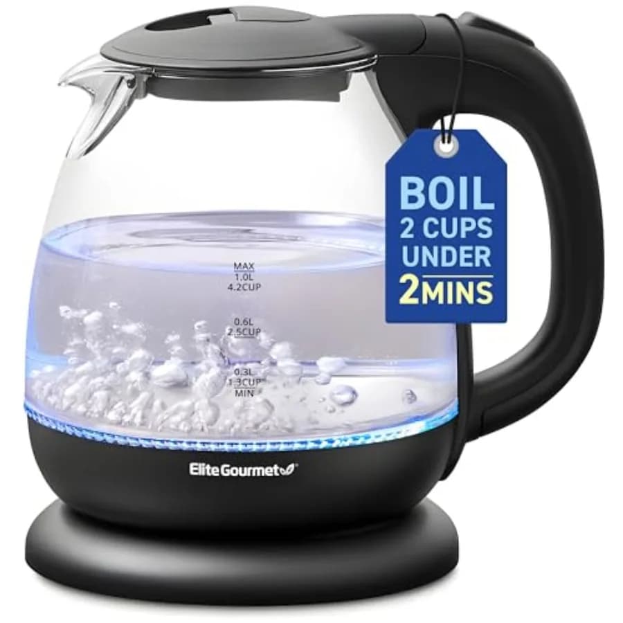 EKT1001 Bollitore elettrico in vetro da 1,0 litri senza BPA, 1100 W, senza fili, 360 ° Base elegante con LED blu per interni, pratica funzione di spegnimento automatico, silenziosa