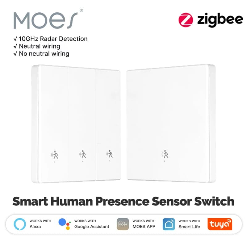 Interruttore Luce a Parete con Sensore Radar a Onde Millimetriche MOES Tuya ZigBee, Rilevamento Presenza Umana, Compatibile con Alexa e Google Home, Cablaggio Neutro Opzionale