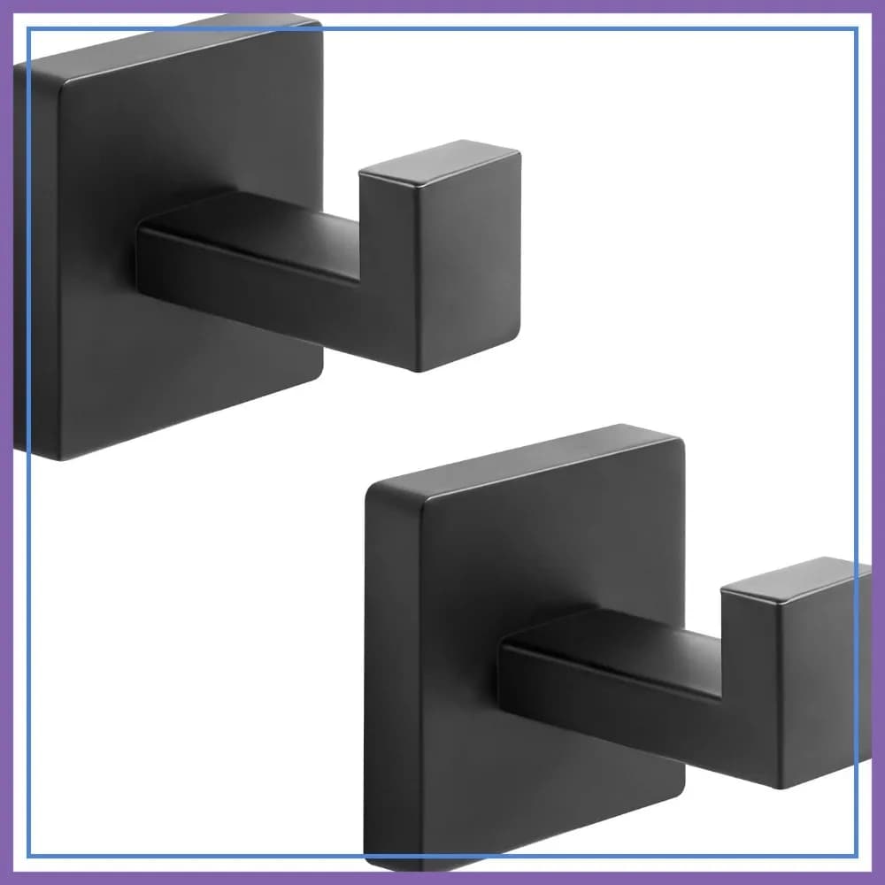 Ganci per Asciugamani in Acciaio Inox Resistenti, Ganci Quadrati da Parete per Bagno, Cucina, Camera da Letto, Hotel, Nero Opaco, Confezione da 2