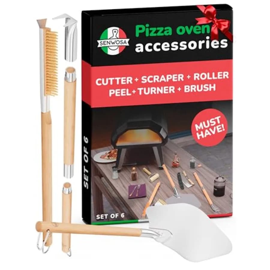 Set di Accessori per Forno Pizza - Kit per Preparazione Pizza da 3 Pezzi con Pala per Pizza, Spazzola per Forno e Pietra Refrattaria, Forchetta Gira Pizza e Spatola