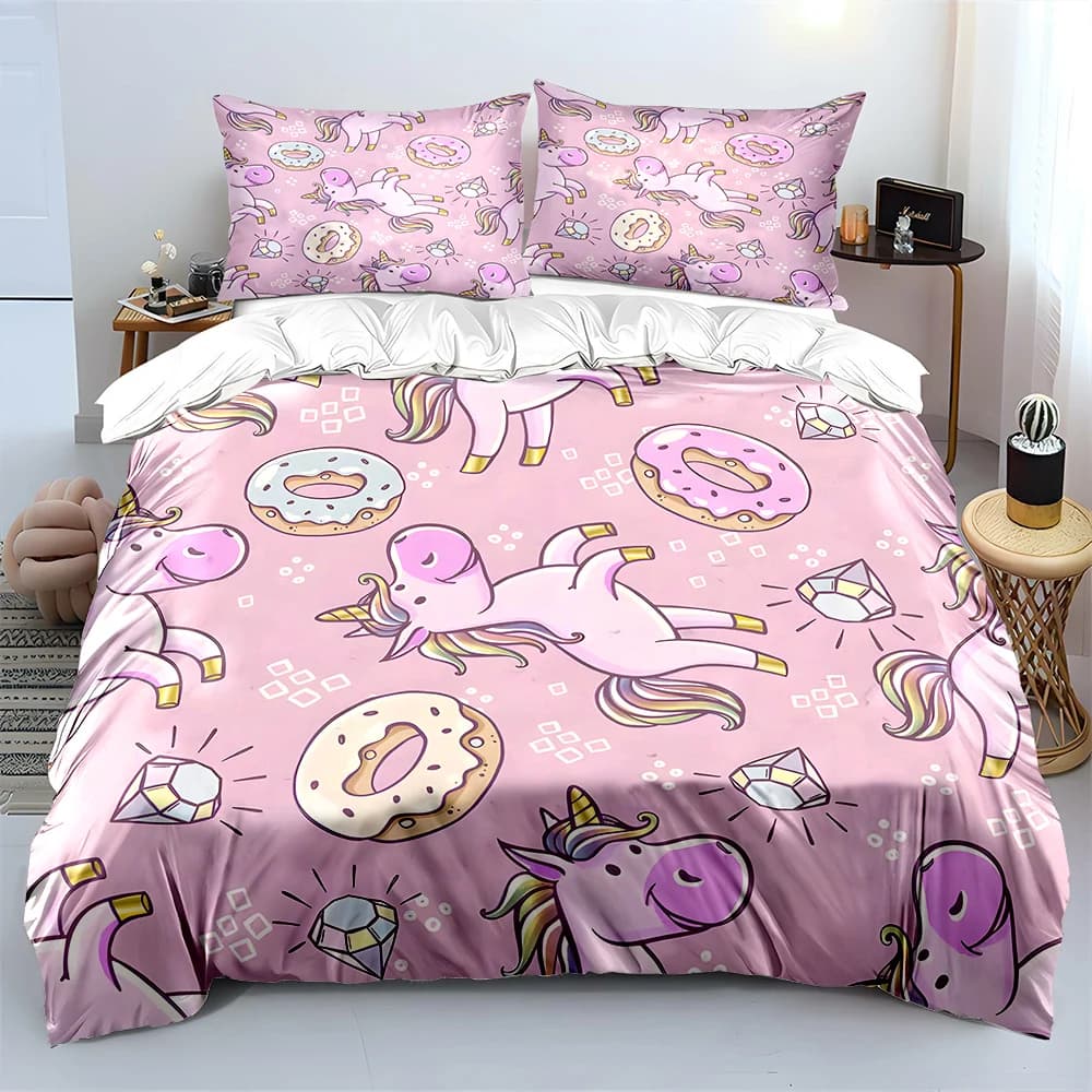 Set di biancheria da letto con motivo unicorno rosa, ciambelle e diamanti, 1 copripiumino, 2 federe per adulti e bambini, regalo di lusso, misura completa