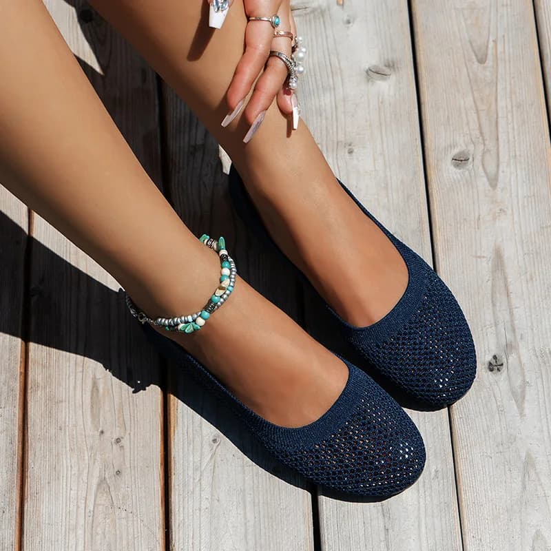 2025 Scarpe basse da donna con punta tonda - Mocassini in rete lavorata a maglia tinta unita Ballerine casual traspiranti per il tempo libero Slip con suola morbida