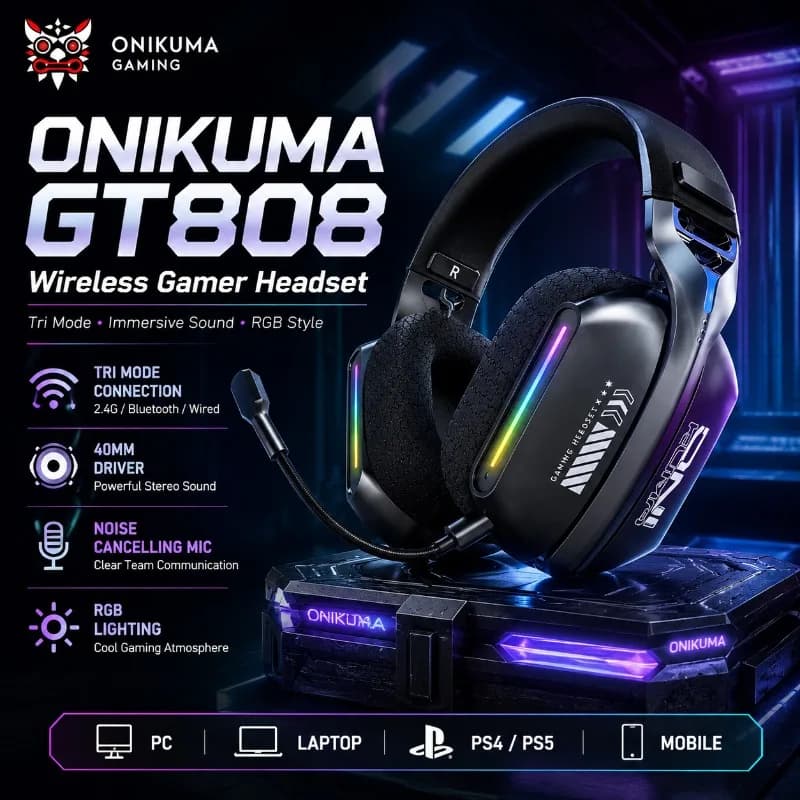 ONIKUMA GT808 Wireless Gaming Headset Tri Mode Bluetooth 2.4GHz RGB Stereo Surround Sound Soft Ear Pads Mic For PC PS5 Gamer