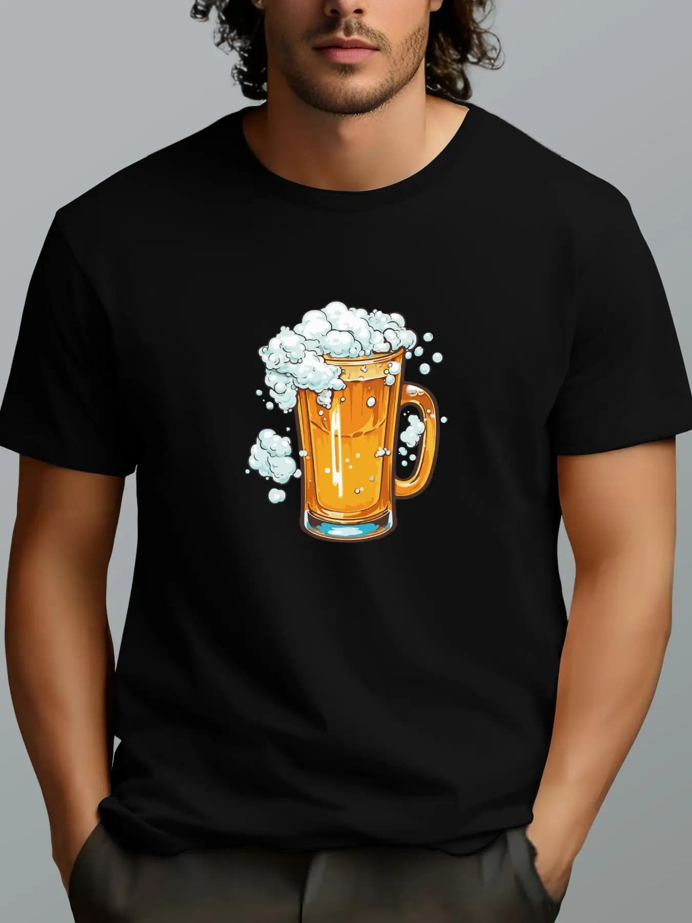 T-shirt da uomo in cotone a maniche corte con grafica Foamy Beer Mug, casual, girocollo, per tutti i giorni