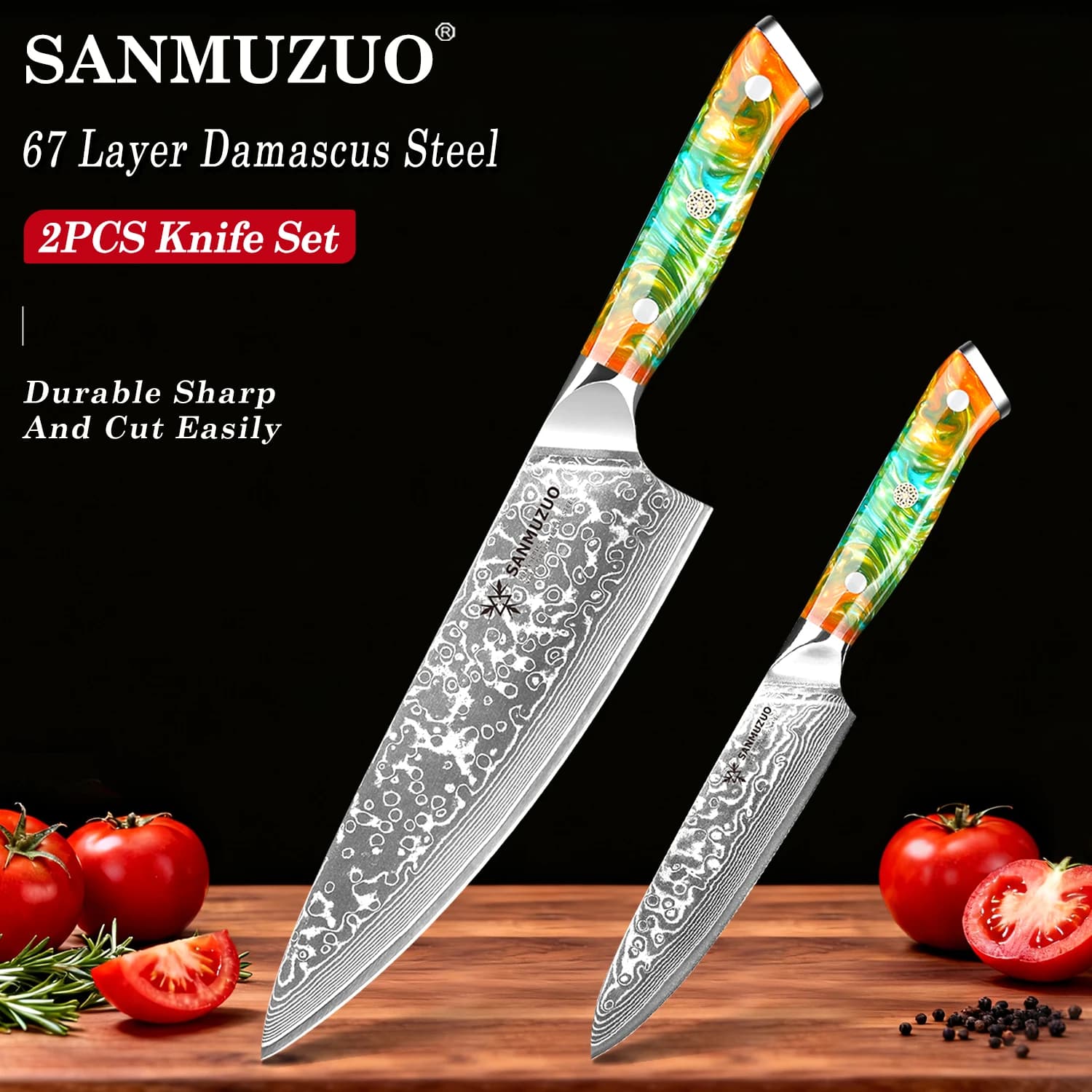 SANMUZU Set of 2-piece kitchen knives - Chef knife and multi-purpose damask steel sharp in Japanese style with resin handle - XUAN series