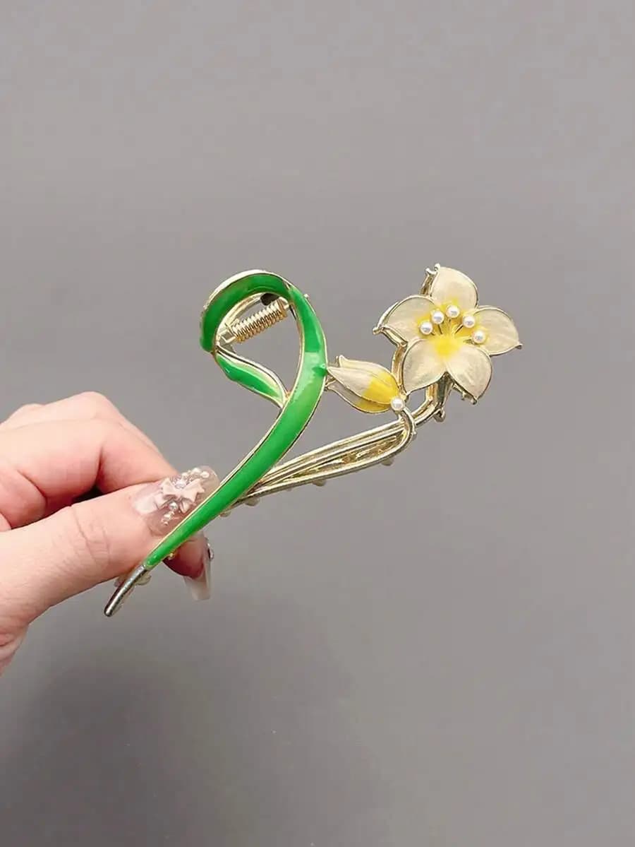 Fermaglio per capelli da donna con perle finte in lega floreale per l'estate, la spiaggia, le vacanze e le feste