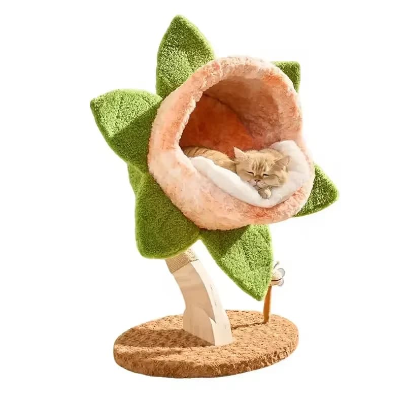Carnivorous Plant Cat Tree Solid Wood Cartoon Climbing Frame Space Saving All in One Cat Tower for Small Apartment