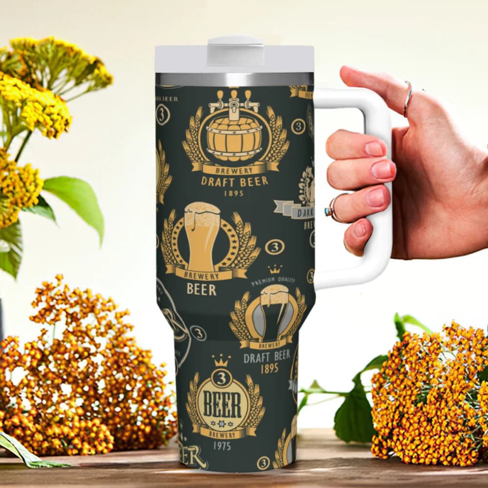 Tazza da viaggio da 40oz con manico, design con logo a forma di fusto di birra, a doppia parete isolata, anti-goccia, facile da pulire, per auto e uso quotidiano.