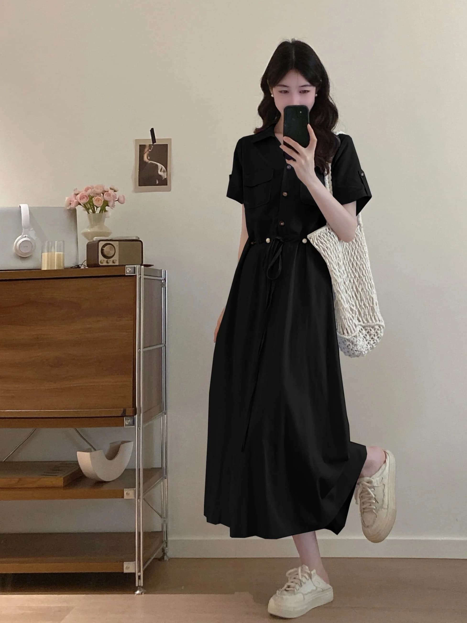 plus Size Women's Korean Style V-Neck Simple Long Dress with Drawstring Workwear Dress Breathable Comfortable A-Line Skirt
