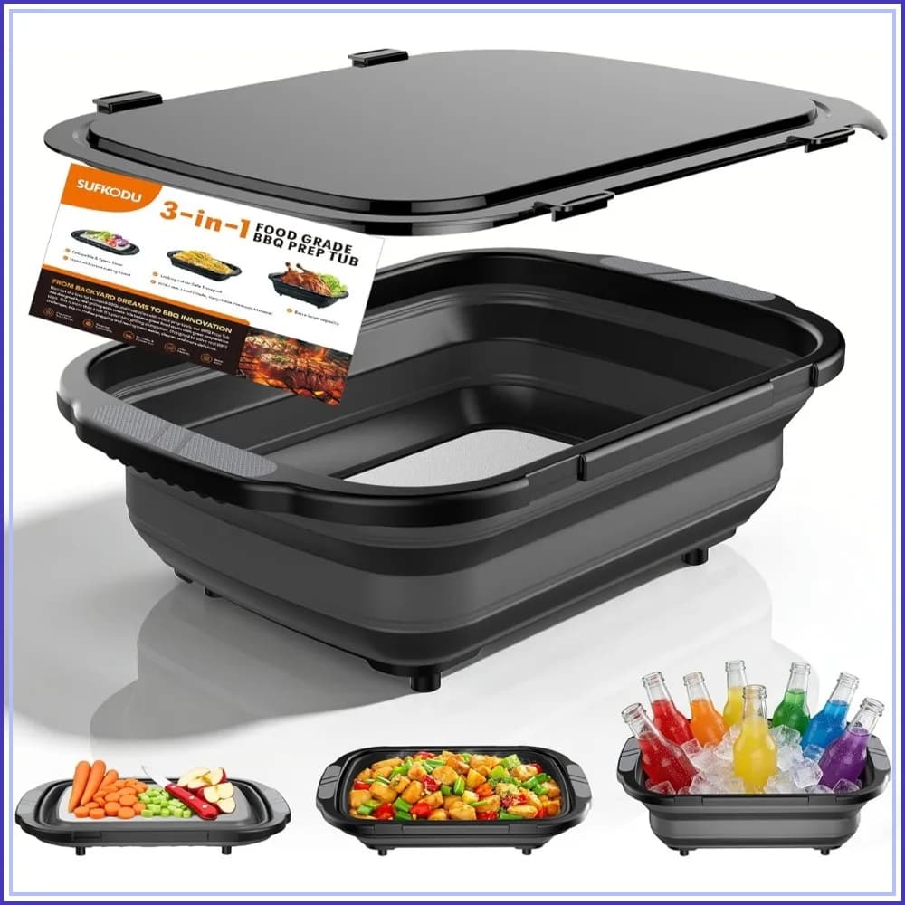 Collapsible BBQ Prep Tubs with Titanium Cutting Board, 5.3Gal/20L, Locking Lid, Leak-Proof for Kitchen & Outdoor