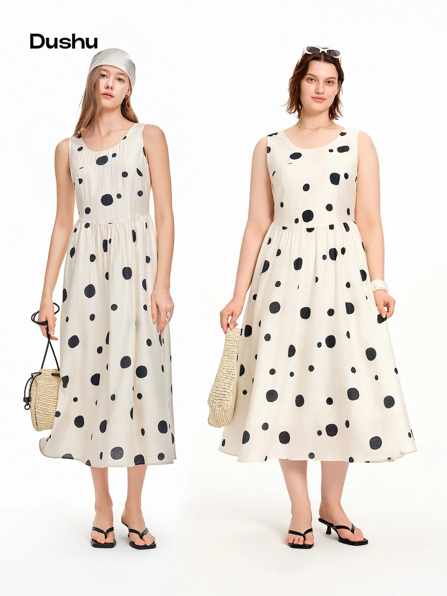 DUSHU 2026 New Summer Women's Polka Dot Sleeveless Midi Dress, V-Neck A-Line Tank Dress for Y2K Retro & Boho Vacation Style
