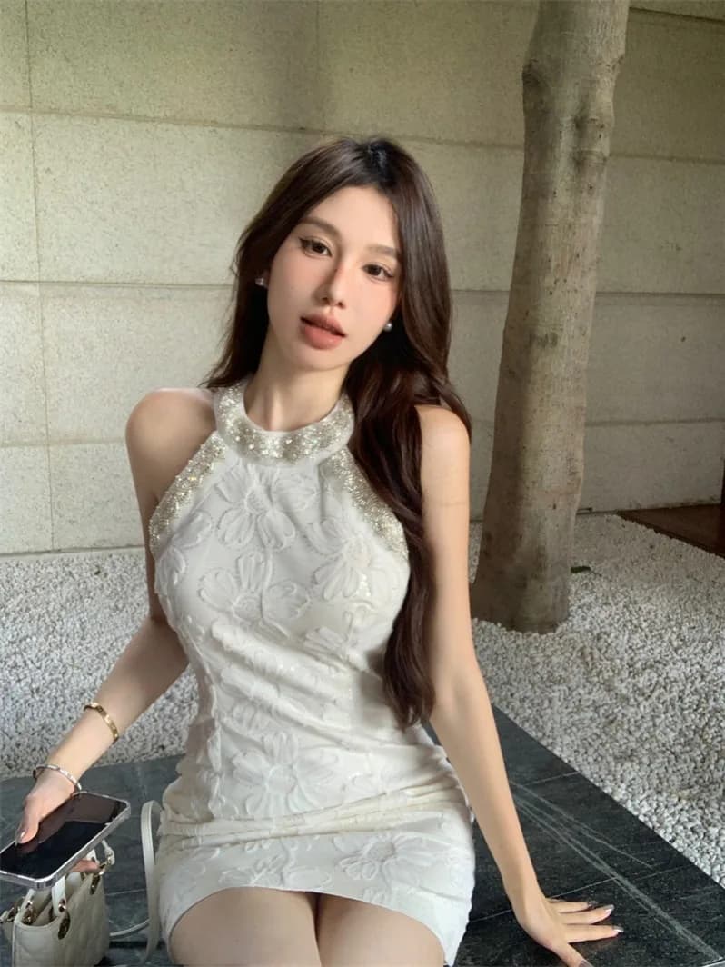 Kumikumi Design Hollow out 3D Flower Neck Hanging Dress Women's Summer Slimming Waist Cinched Bodycon Skirt Sexy Style Bright...