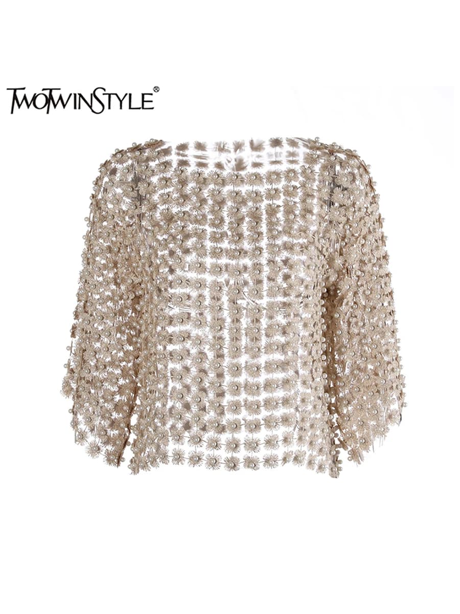 TWOTWINSTYLE Scava Fuori Patchwork Perle T Camicette Per Le Donne Girocollo Manica Lunga Sexy Dimagrante Pullover T Shirt Stile Femminile