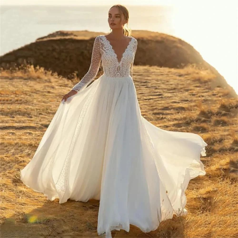 Abiti da sposa in Tulle a-line scollo a v maniche lunghe Appliques in pizzo abiti da sposa abiti senza schienale per le donne abiti Vintage De Novia