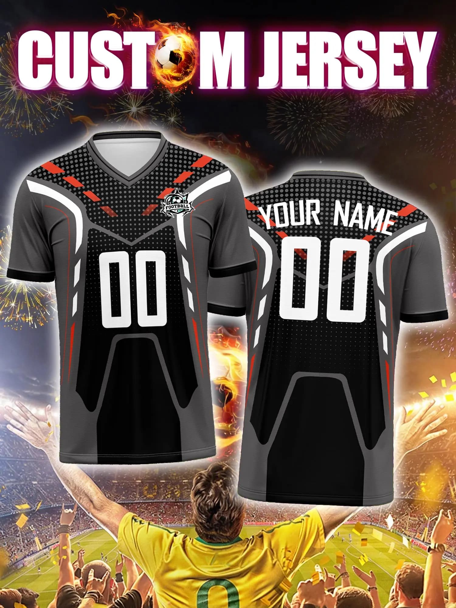 Customized football jersey with image, number and custom name, casual and fashionable soccer clothing for everyday.