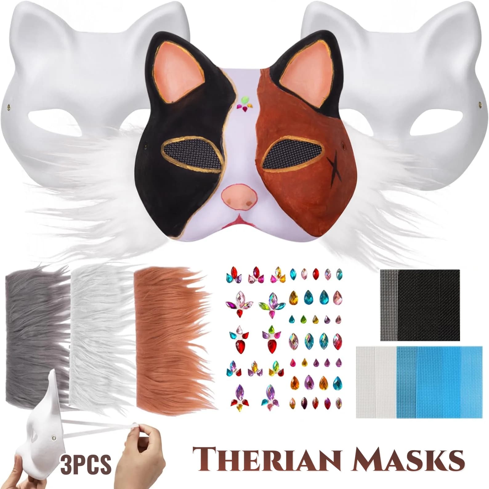 3 set kit maschera Therian maschere di carta vuote mezza faccia maschera di gatto dipinta a mano maschere fai da te per regali di festa cosplay in maschera