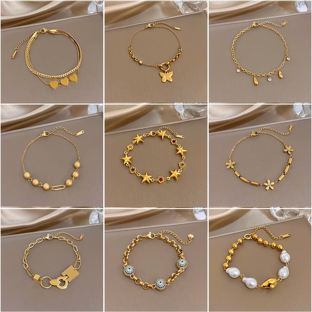 Elegante Bracciale a Catena Sottile con Fiori, Stelle e Cuori per Donne, Gioielli Placcati Oro in Acciaio Inossidabile, Regalo di Moda