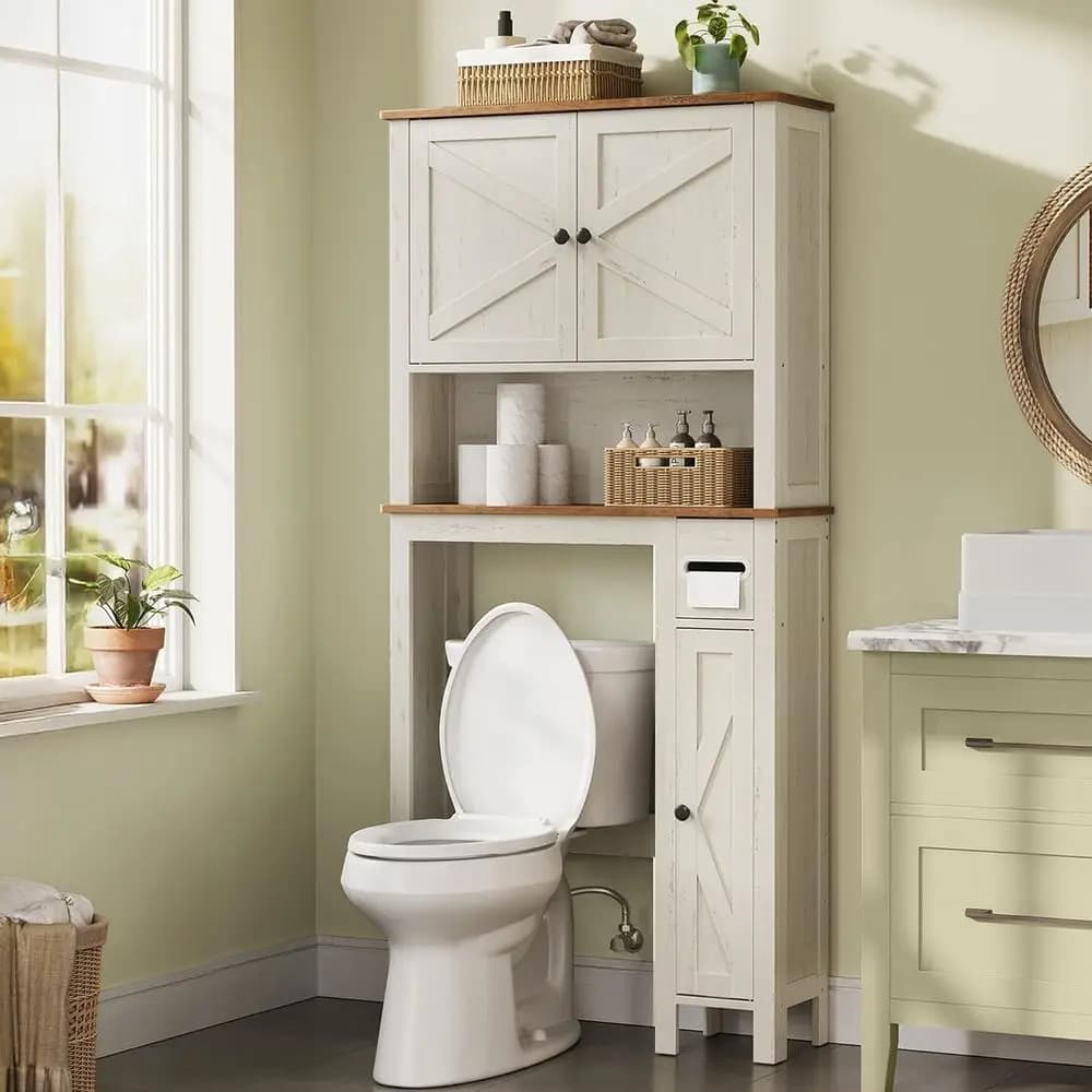 Collezione LIRY - Mobiletto portaoggetti sopra il WC, organizer da bagno stile rustico largo 31,3 pollici, porta carta igienica, regolabile