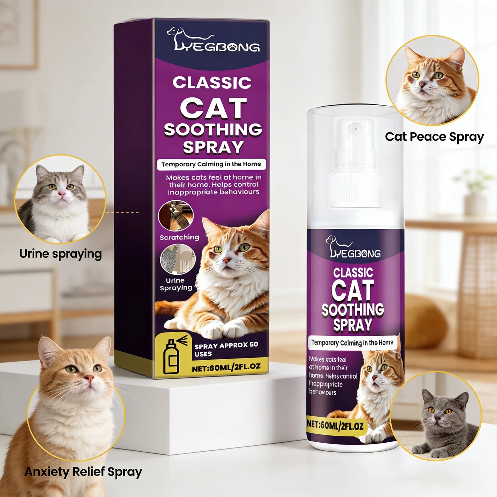 Spray Antiansia per Animali Domestici Yegbong, Spray Calmante per Gatti, Liquido Lenitivo per Ridurre l'Ansia e Prevenire Graffi e Urla dei Cani
