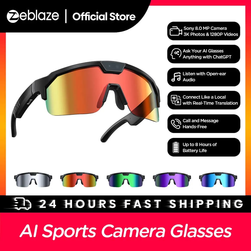 Zeblaze AI Sports Glasses with Camera 800W, Photo and Video Recording, Intelligent Translation, Hands-Free Calls and Messages