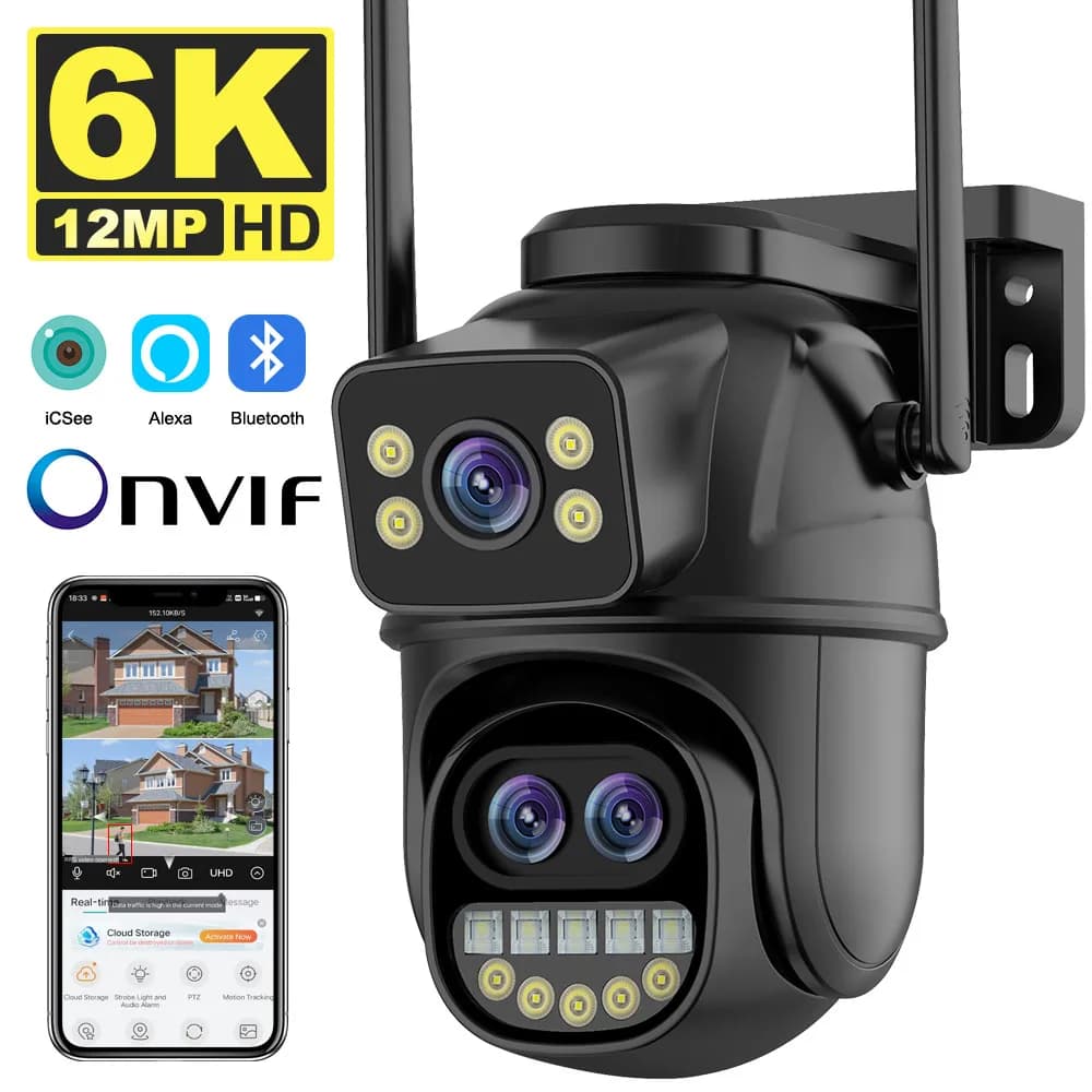 Security camera 6K 12MP Zoom 8X Three Lens Double Screen Outdoor WiFi Home Protection IP Camera 8MP PTZ CCTV Video Surveillance Icsee