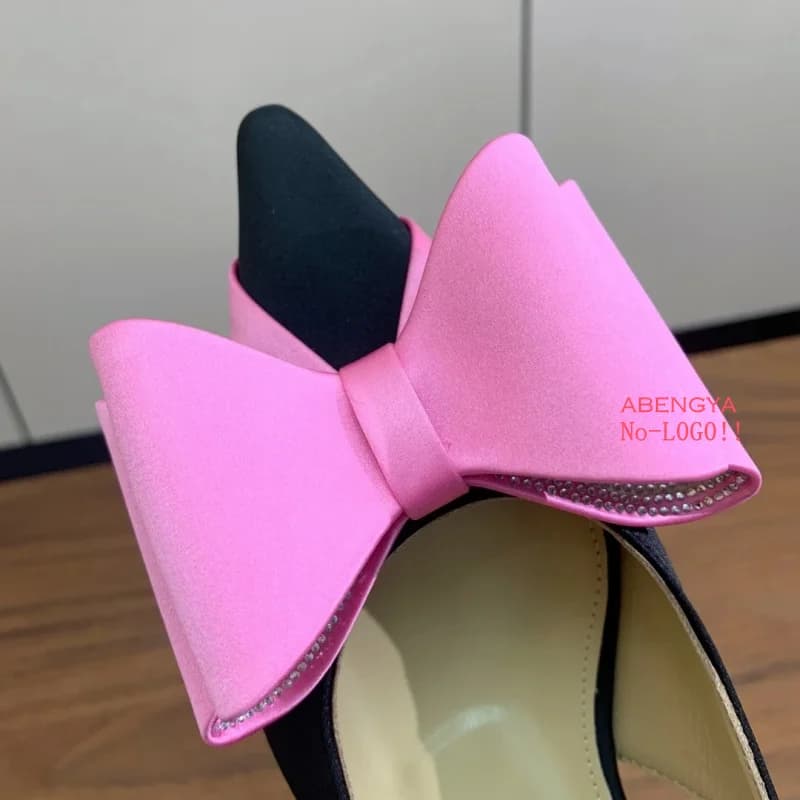 Designer sexy silk pink heels low shoes elegant woman bow knot slingback dance shoes summer fashion banquet shoes for women parties