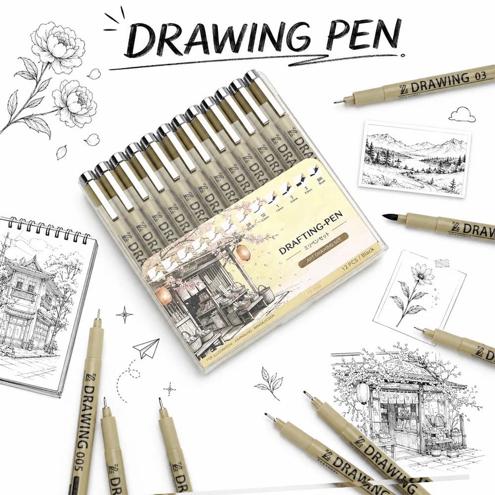 12Pcs Pigment Liner Art Markers Needle Pens Waterproof Brush Pen Black Fine Tip Student Sketching Art Supplies Stationery