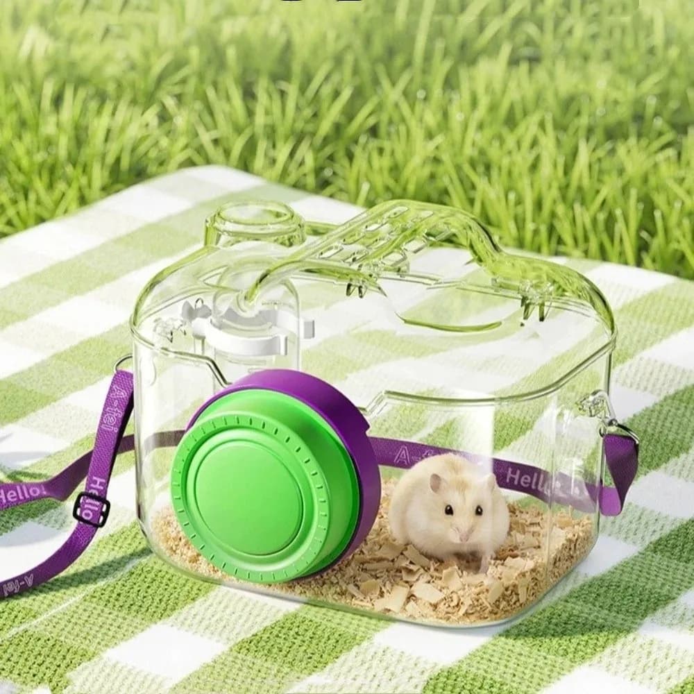 Trasportino Trasparente per Criceti con Bottiglia d'Acqua e Ciotola per Cibo, Gabbia da Viaggio Ventilata a Forma di Telecamera per Animali Domestici