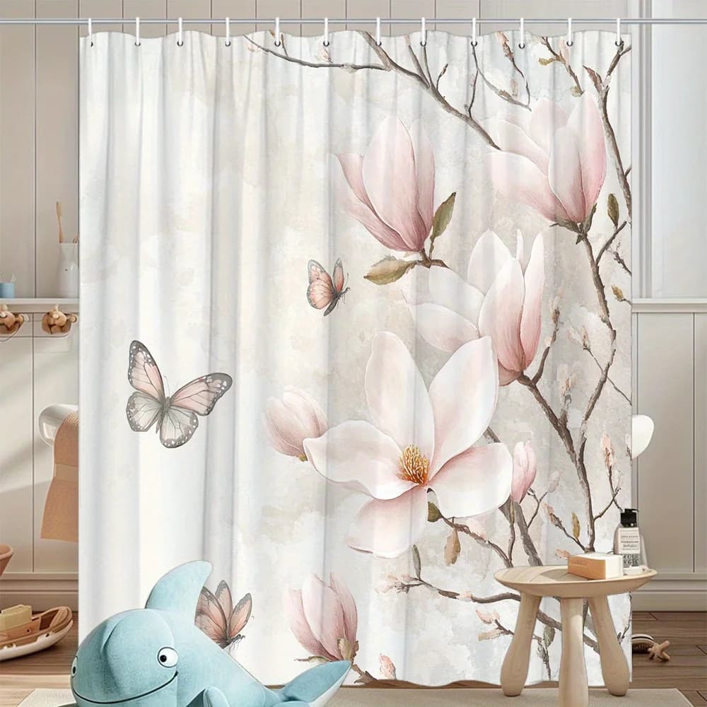 Tenda da doccia con fiori di magnolia Farfalle rosa Stampa botanica Decorazioni per il bagno Tenda da bagno impermeabile dal design floreale elegante