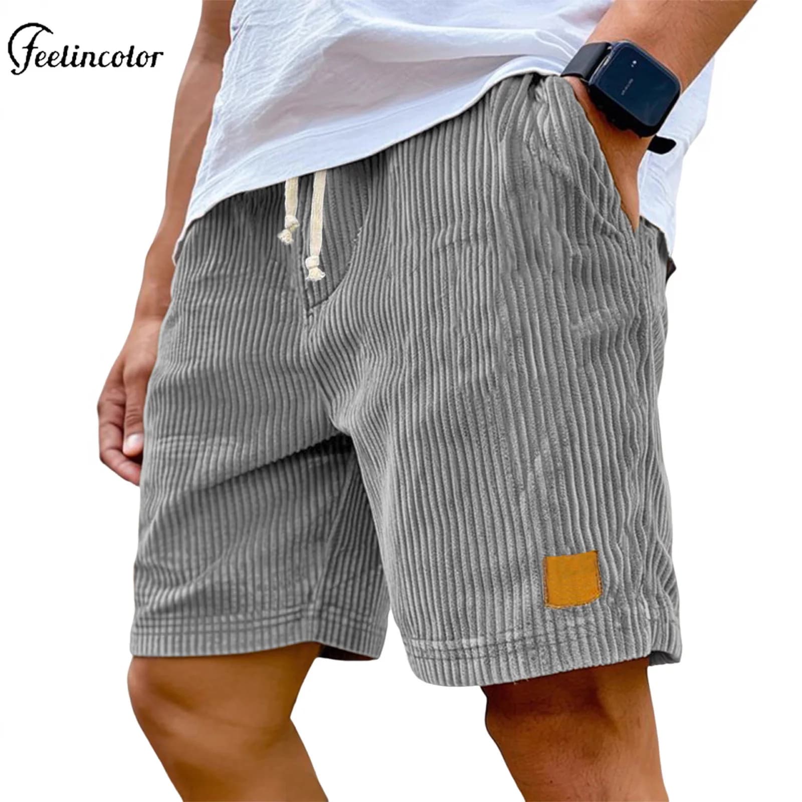 Pantaloncini da uomo a righe larghe alla moda con tasche e etichetta in pelle, casual, sportivi, estivi, a cinque punte, per tutti i giorni