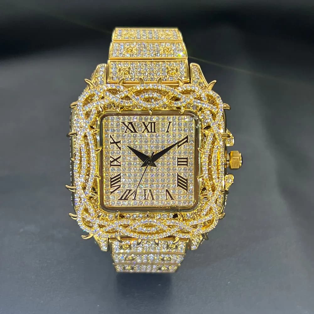 Watch For Men Fashion Luxury Gold Square Diamond Full Sky Star Male's Clock Watches New Skeleton Flower Quartz Wristwatch 2025