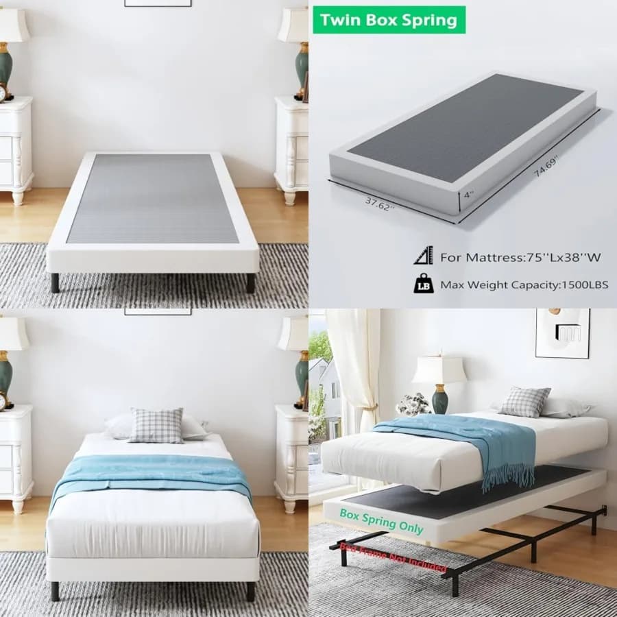 Box Springs, 1500lbs Heavy Duty Metal Frame Mattress Foundation, Non-Slip/No Noise/Easy Assembly/Easy Clean Cover