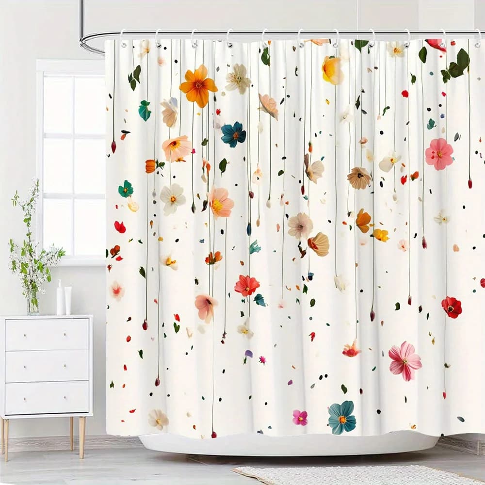Tenda da doccia floreale astratta multicolore da 1 pezzo - Petali artistici, poliestere, 12 ganci, sfondo bianco vibrante, facile da pulire