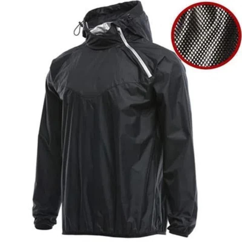 Giacca impermeabile nera da uomo elegante e funzionale con cerniera, design a rete con accento e ventilazione, pantaloni casual con rivestimento in argento