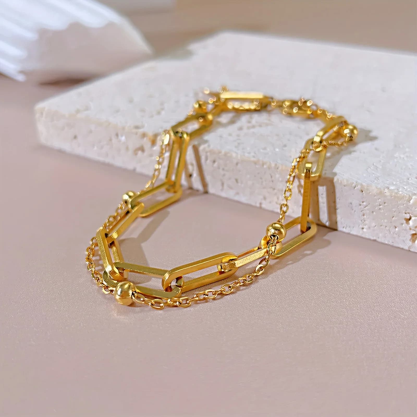Elegante bracciale a doppia catena con perline in acciaio inossidabile, accessori moda estivi da donna, gioielli da festa.