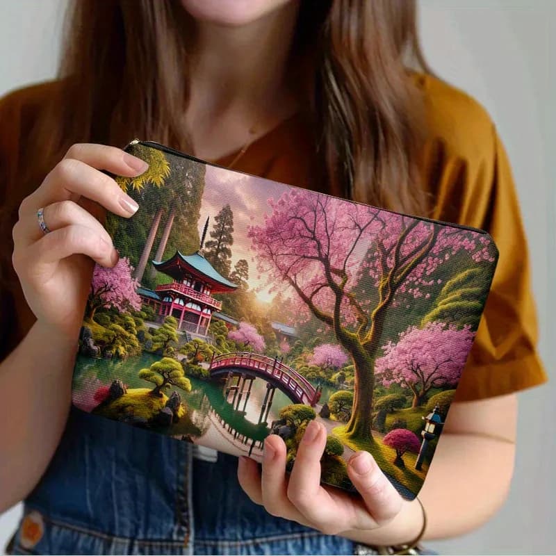 Borsa per il trucco con motivo a forma di fiore di ciliegio in stile giapponese, 1 pezzo - Pochette multifunzionale con cerniera per donna, perfetta borsa da viaggio con cerniera, divertente regalo di compleanno