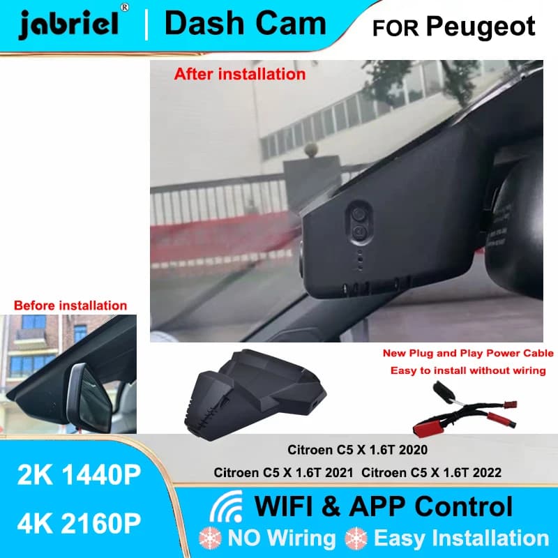 Dashcam Jabriel for Citroen C5 X 1.6T 2020 2021 2022, Front Camera and Rear DVR 2K 4K Wifi Plug and Play, Video Recorder