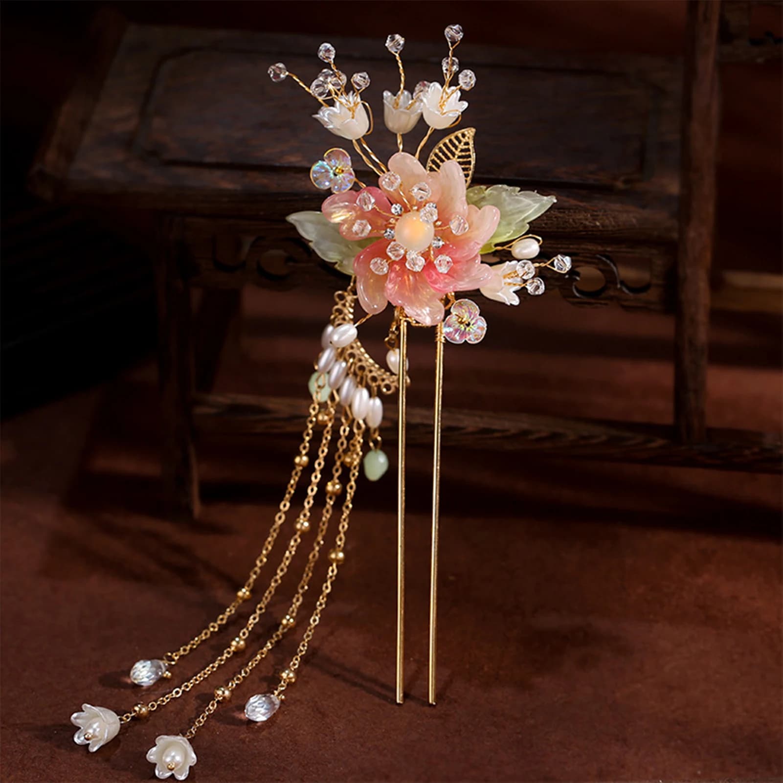 Elegant hairpin pink flower shaped U-shaped sticks for floral hair fork beads chain nappa hair clips woman girl step shake hair jewelry