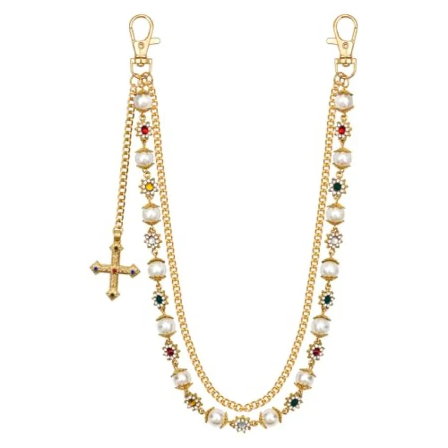 Punk Wallet Chain with Rhinestone Flower and Pearl, Layered Pants Chains Key Chain Pocket Chains Gifts for Women Men