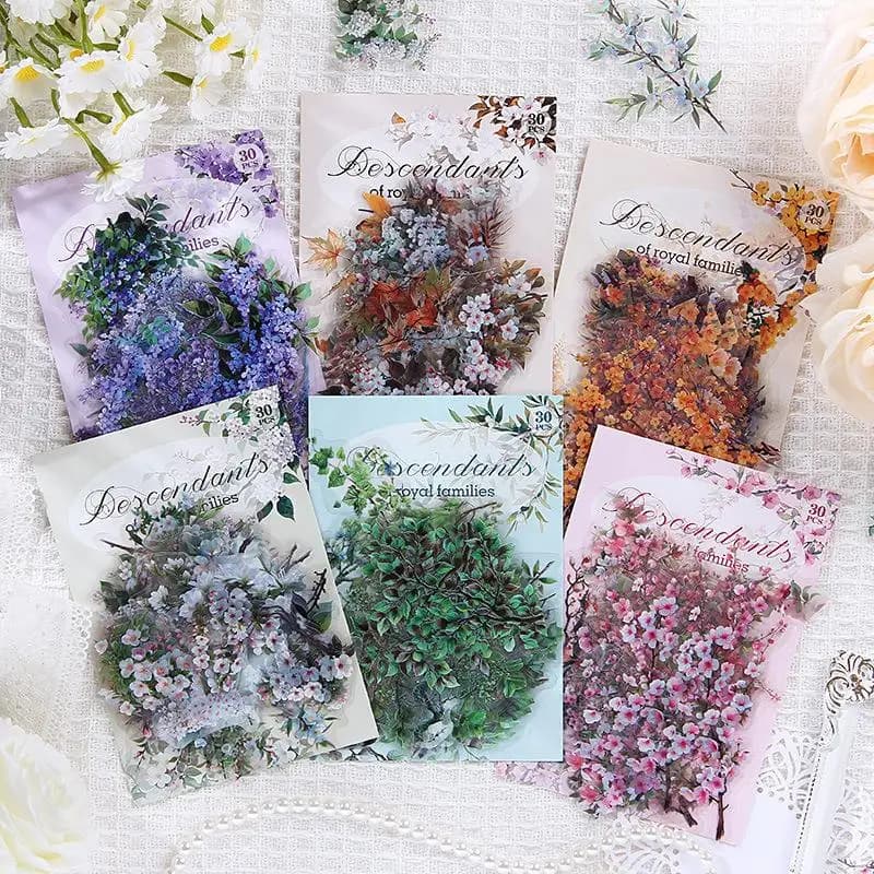 【P】30pcs/set Waterproof Vintage PET Plant Flower Stickers For DIY Crafts Scrapbook Photo Album Decoration