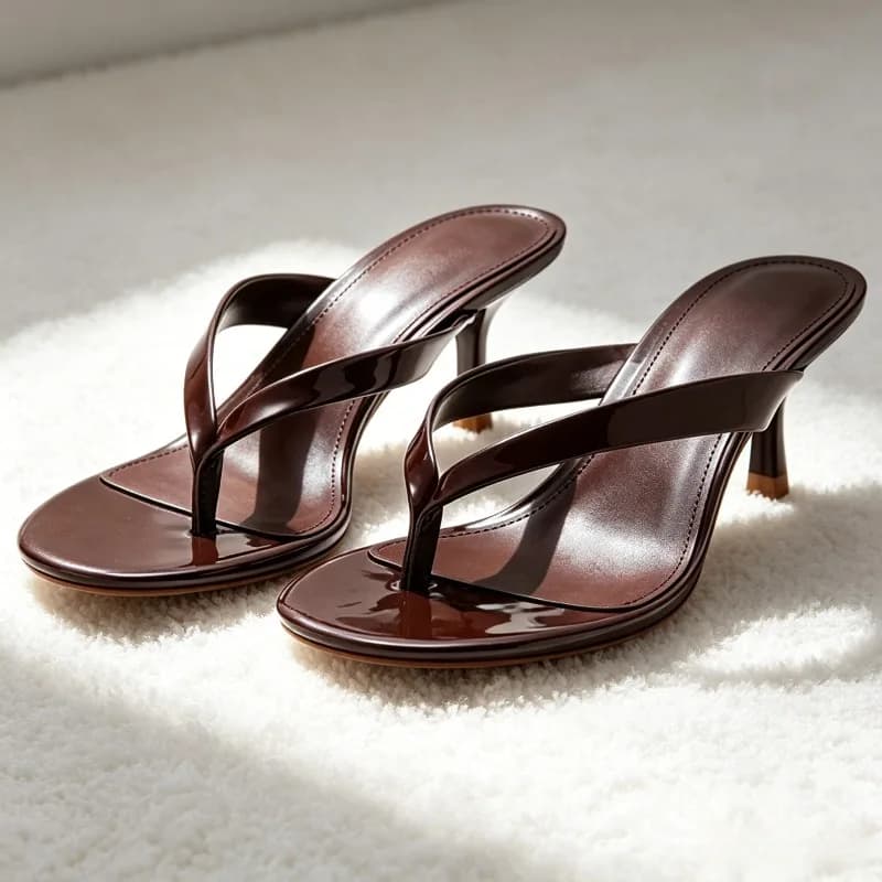 Concise Burgundy Patent Leather Mule Sandals Women Comfortable Round-toe Kitten-heel Slide Sandals Fashion Clip-toe Flip Flops