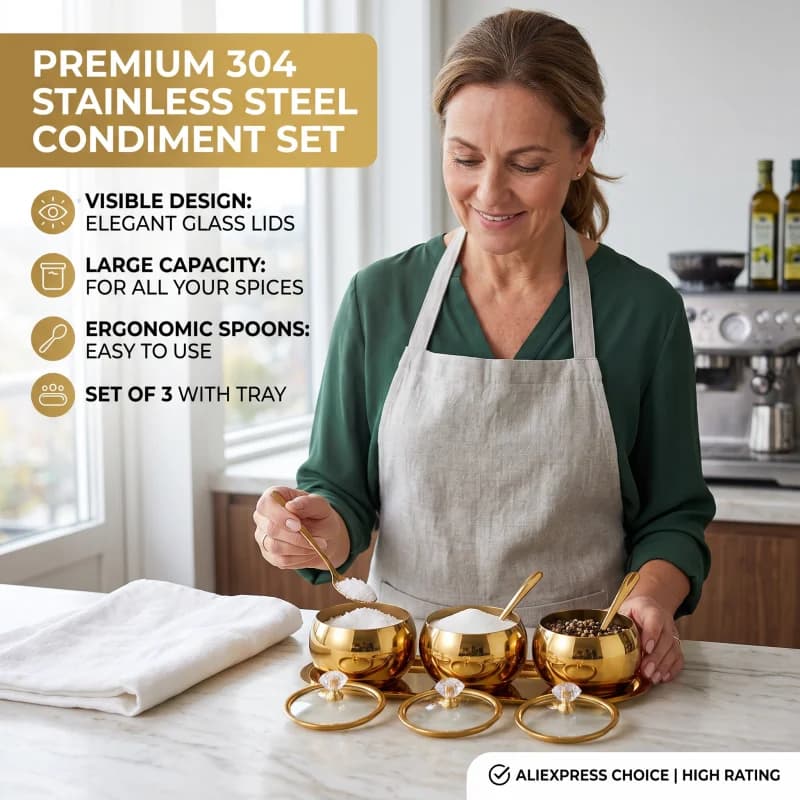 304 Stainless Steel Practical Spice Jar Set, Equipped with Transparent Glass Lid Spoon and Tray, Kitchen Seasoning Accessories