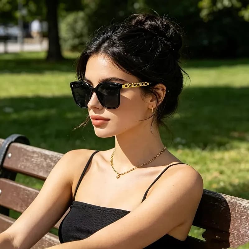 1‑Pack Unisex Niche Trendy Black Square Plain Glasses with Decor Chain, Versatile Daily Fashion Eyewear