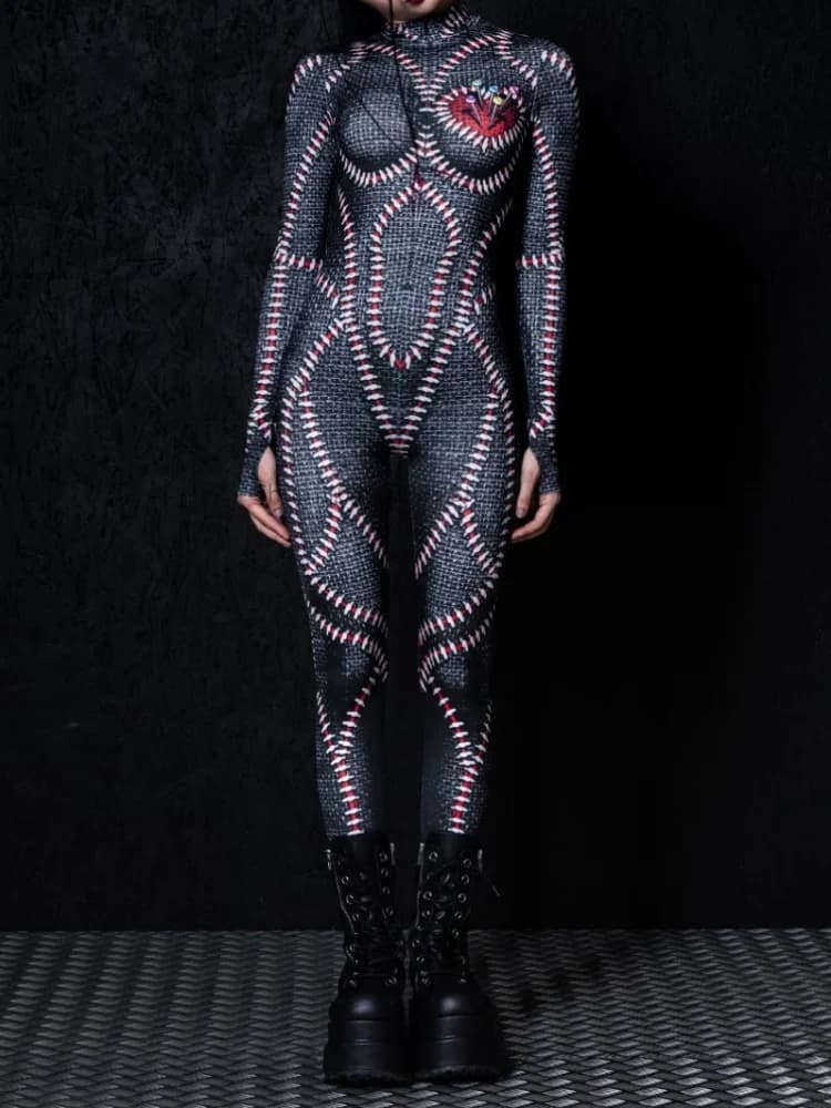 Donne Sexy Voodoo Doll Pelle Stampa Cosplay Tuta Halloween Punk Zentai Vestito Festa Perfermence Rave Tuta 2025